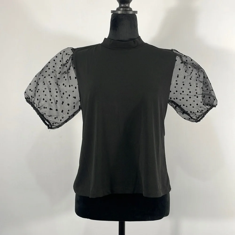 Black embellished Sheer polka dot short sleeves Top, Size Small - Picture 3 of 8